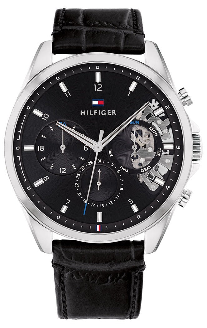 Tommy Hilfiger Baker Chronograph Black Dial Black Leather Strap Watch For Men - 1710449