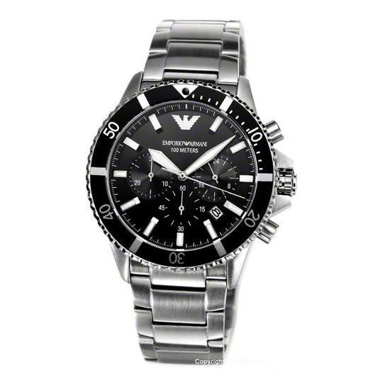 Emporio Armani Diver Chronograph Quartz Black Dial Silver Steel Strap Watch For Men - AR11360