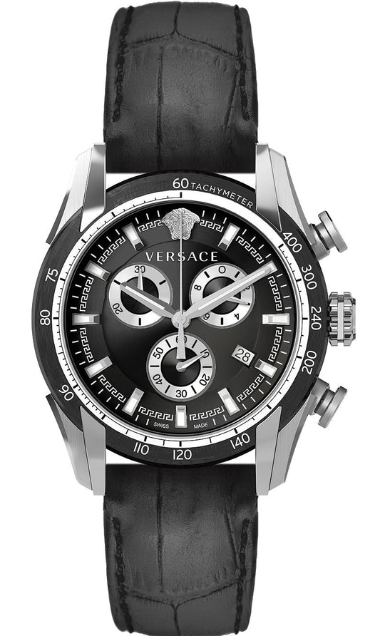 Versace V Ray Chronograph Quartz Black Dial Black Leather Strap Watch For Men - VE2I00121