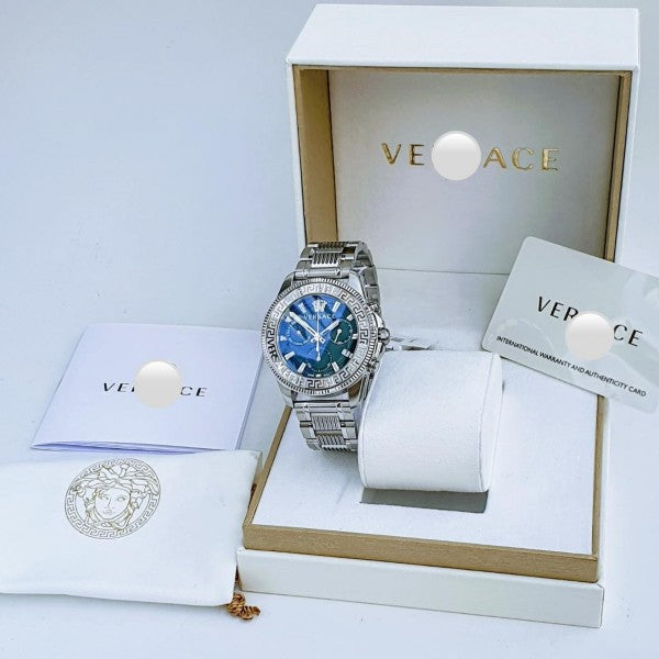 Versace Greca Action Chronograph Quartz Green Dial Silver Steel Strap Watch for Men - VE3J00422