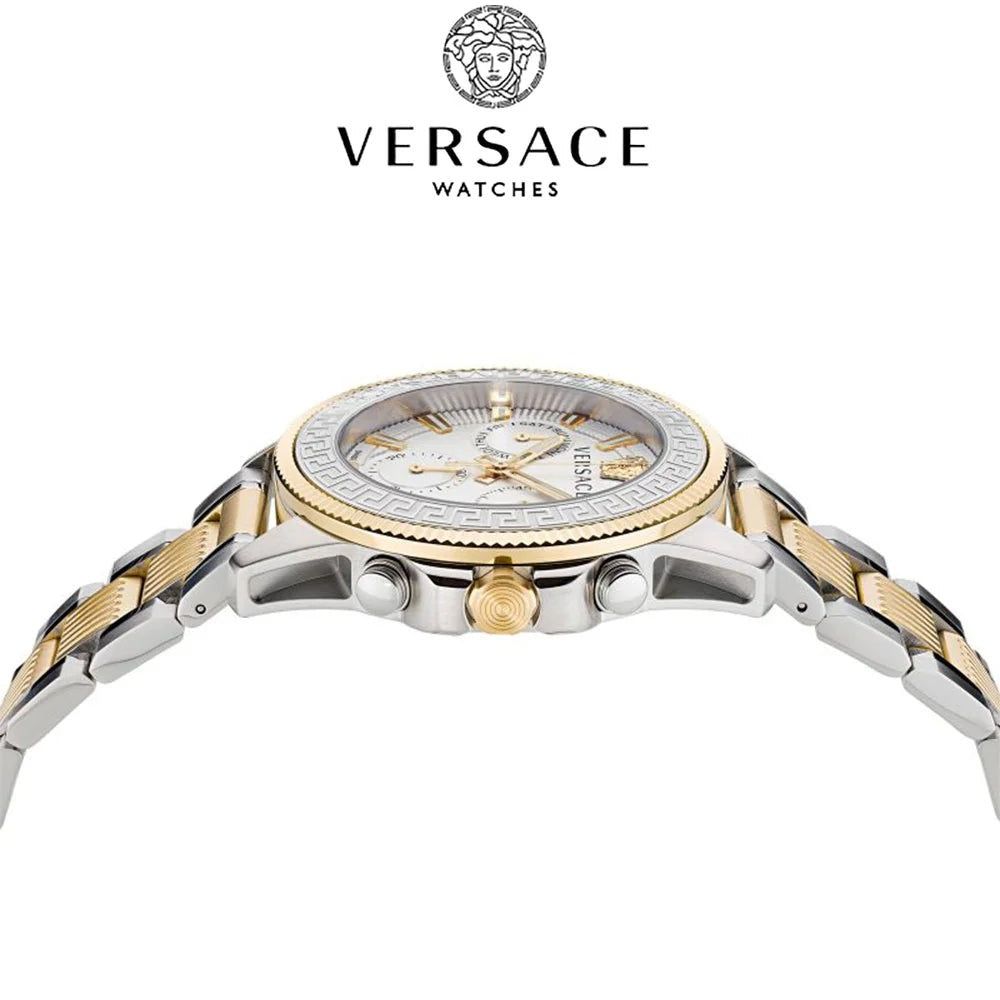 Versace Greca Action Chronograph Quartz Silver Dial Two Tone Steel Strap Watch for Men - VE3J00522