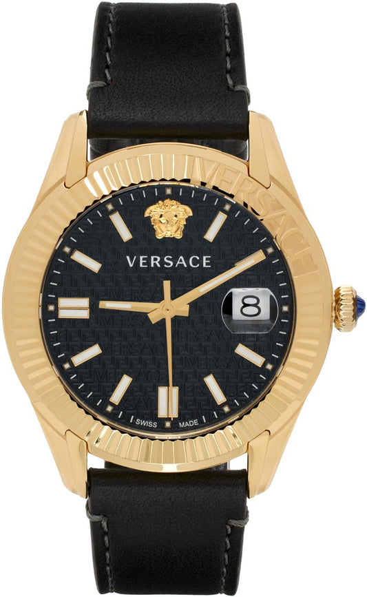 Versace Greca Time Quartz Black Dial Brown Leather Strap Watch For Men - VE3K00222