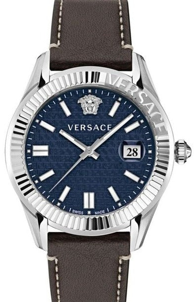 Versace Greca Time Quartz Blue Dial Brown Leather Strap Watch For Men - VE3K00122