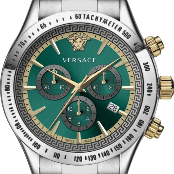 Versace Classic Chronograph Quartz Green Dial Silver Steel Strap Watch For Men - VEV700721