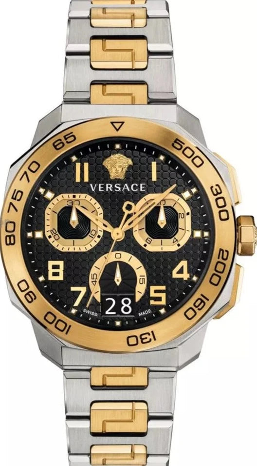 Versace Dylos Chronograph Black Dial Two Tone Steel Strap Watch for Men - VQC100016