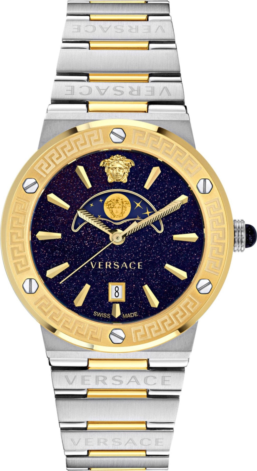 Versace Greca Logo Moonphase Black Dial Two Tone Steel Strap Watch for Men - VE7G00223