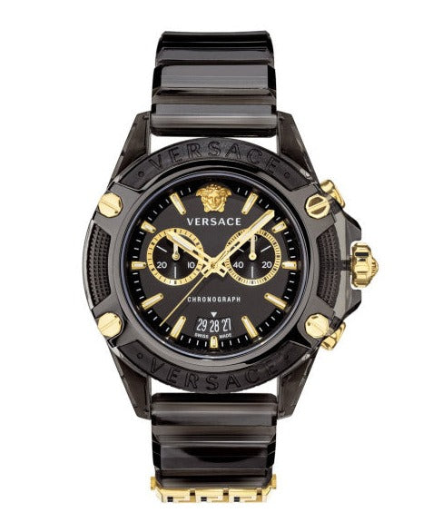 Versace Icon Active Chronograph Black Dial Black Steel Strap Watch for Men - VEZ700421