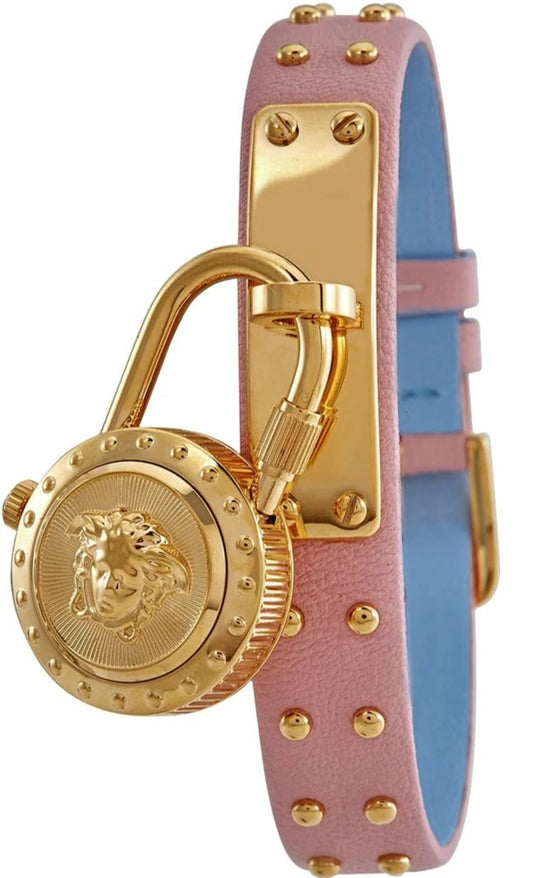 Versace Medusa Lock Icon Quartz Gold Dial Pink & Blue Leather Strap Watch For Women - VEDW00219