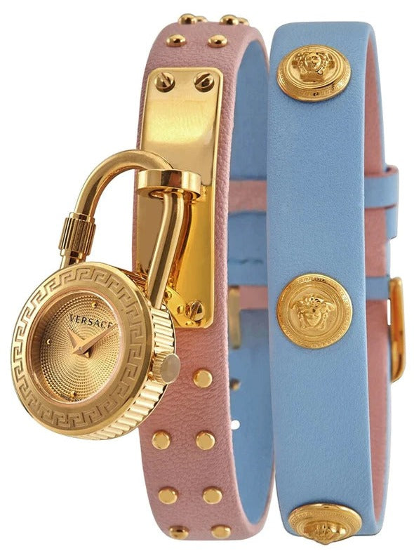 Versace Medusa Lock Icon Quartz Gold Dial Pink & Blue Leather Strap Watch For Women - VEDW00219