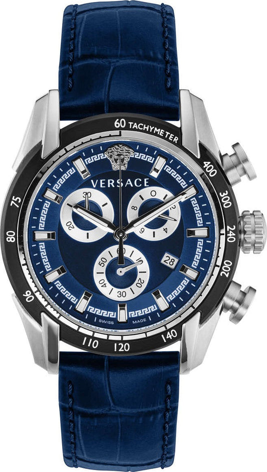 Versace V-Ray Chronograph Quartz Blue Dial Blue Leather Strap Watch for Men - VE2I00721