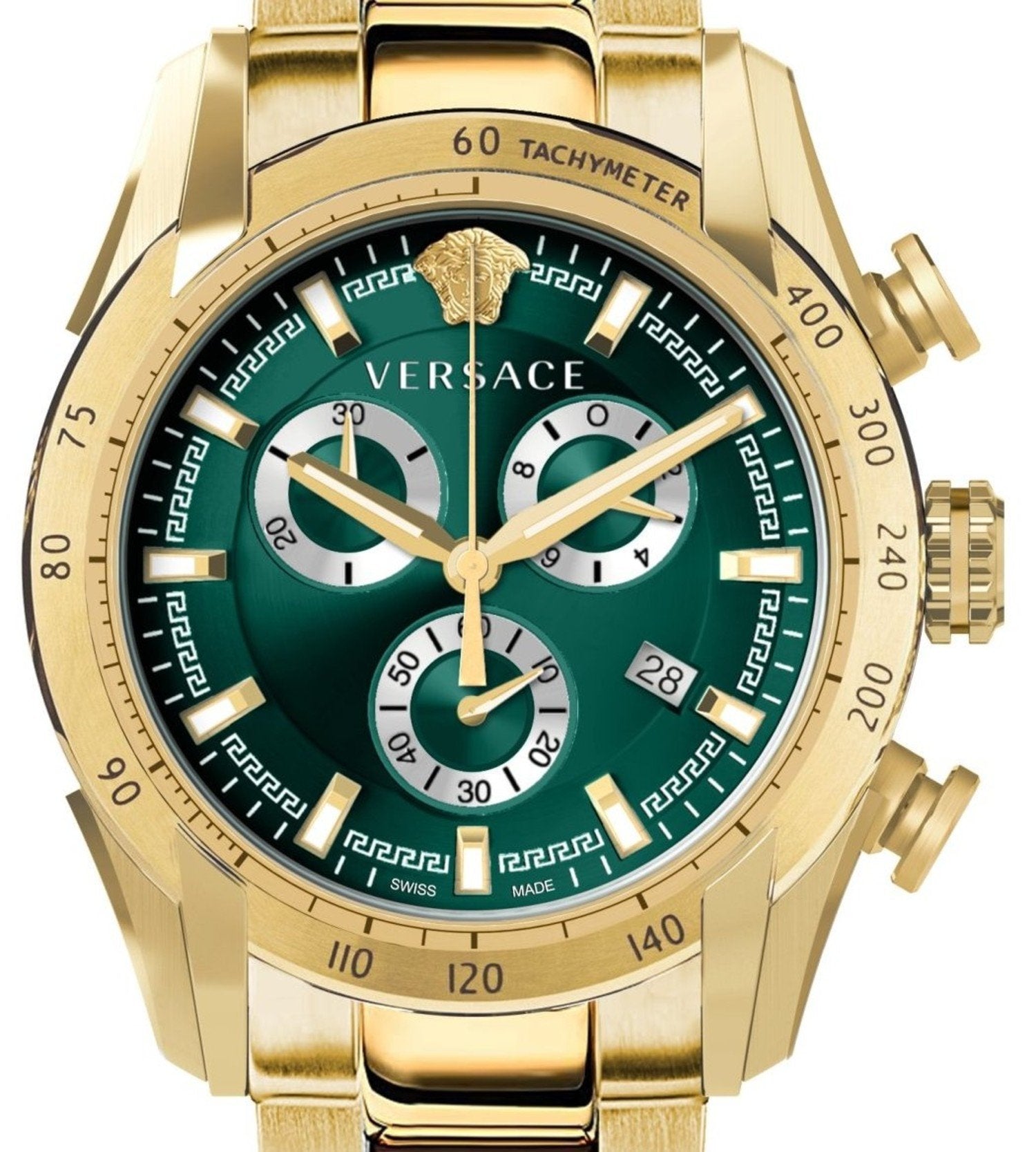 Versace V-Ray Chronograph Quartz Green Dial Gold Steel Strap Watch For Men - VE2I00621