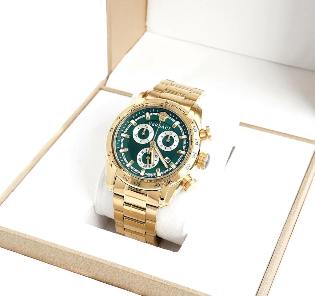 Versace V-Ray Chronograph Quartz Green Dial Gold Steel Strap Watch For Men - VE2I00621