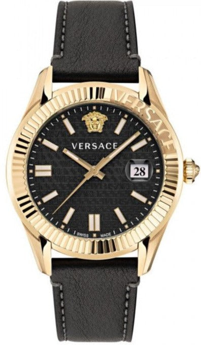 Versace Greca Time Quartz Black Dial Brown Leather Strap Watch For Men - VE3K00222