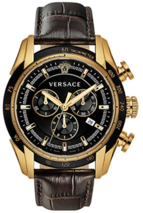 Versace V-Ray Chronograph Quartz Black Dial Brown Leather Strap Watch For Men - VEDB00318