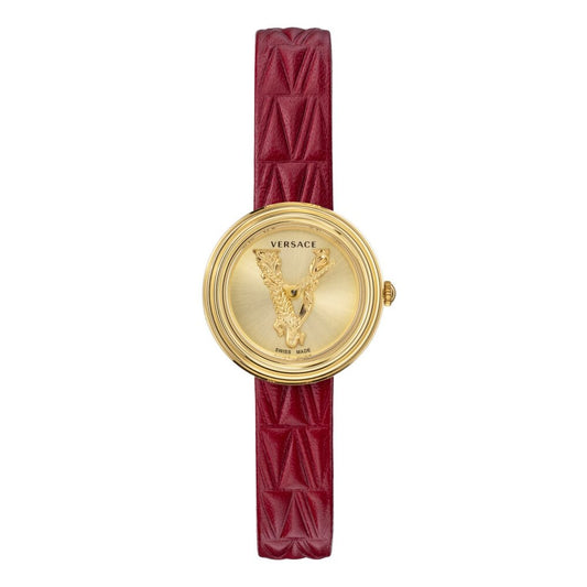 Versace Virtus Mini Quartz Gold Dial Red Leather Strap Watch For Women - VET300521