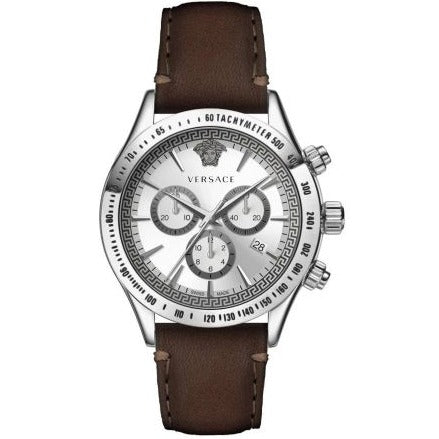 Versace Classic Chronograph Quartz Silver Dial Brown Leather Strap Watch For Men - VEV700119