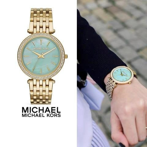 Michael Kors Darci Analog Mother of Pearl Green Dial Gold Steel Strap Watch For Women - MK3498