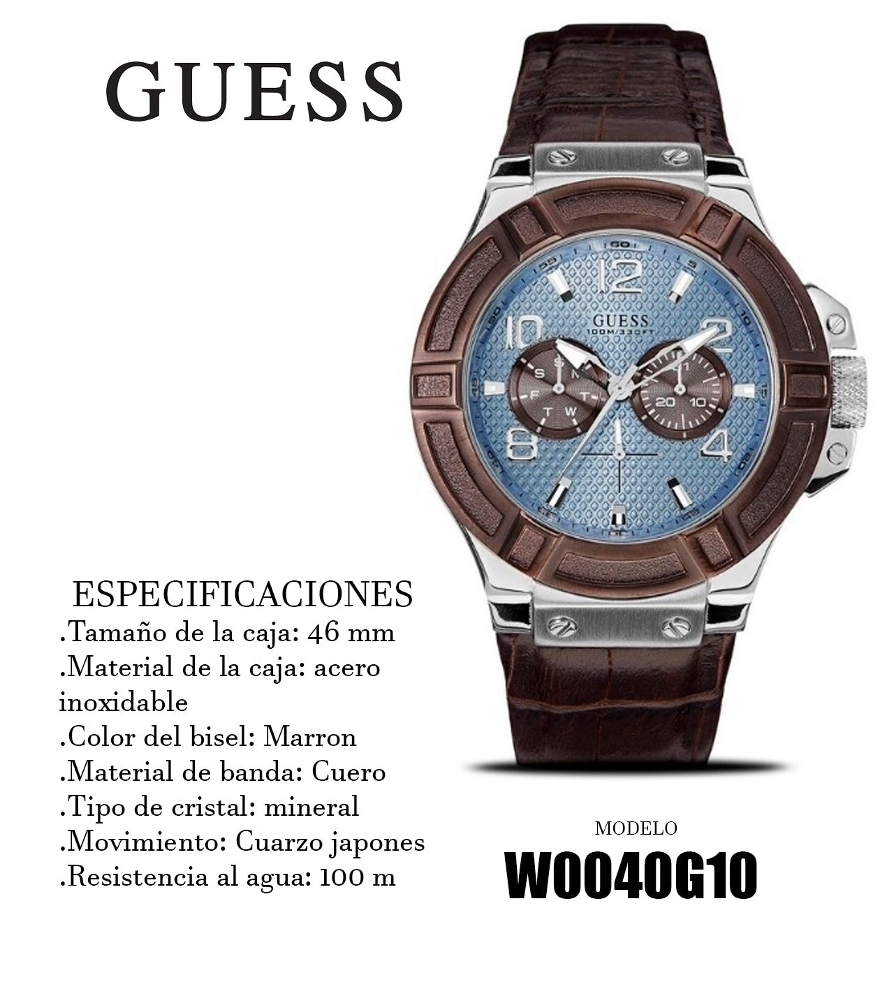 Guess Rigor Analogue Quartz Blue Dial Brown Leather Strap Watch For Men - W0040G10