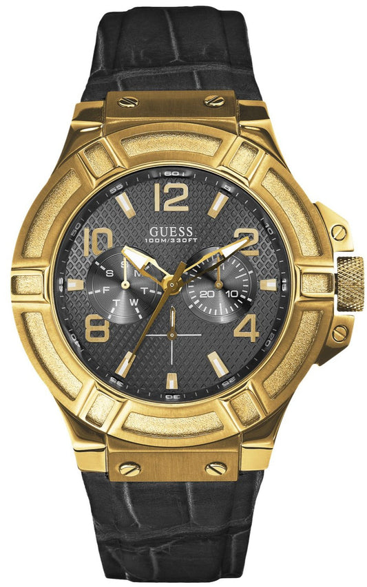 Guess Rigor Analog Black Dial Black Leather Strap Watch For Men - W0040G4