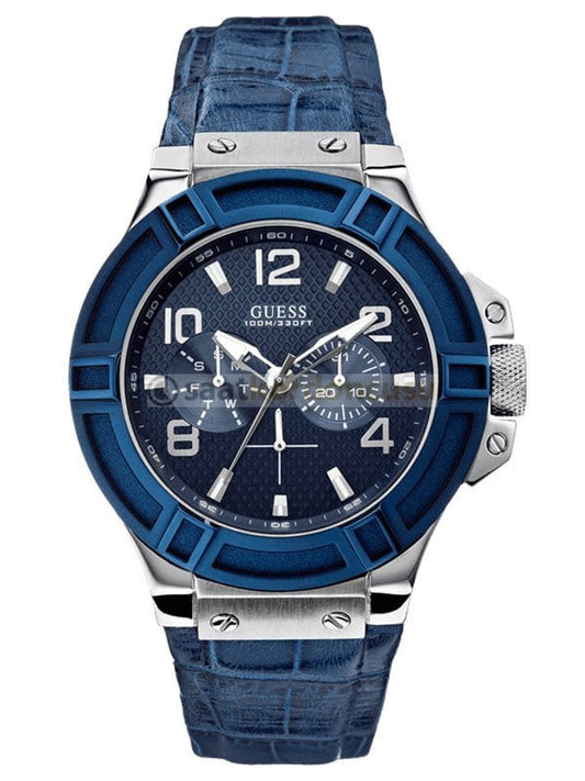 Guess Rigor Multifunction Chronograph Blue Dial Blue Leather Strap Watch For Men - W0040G7