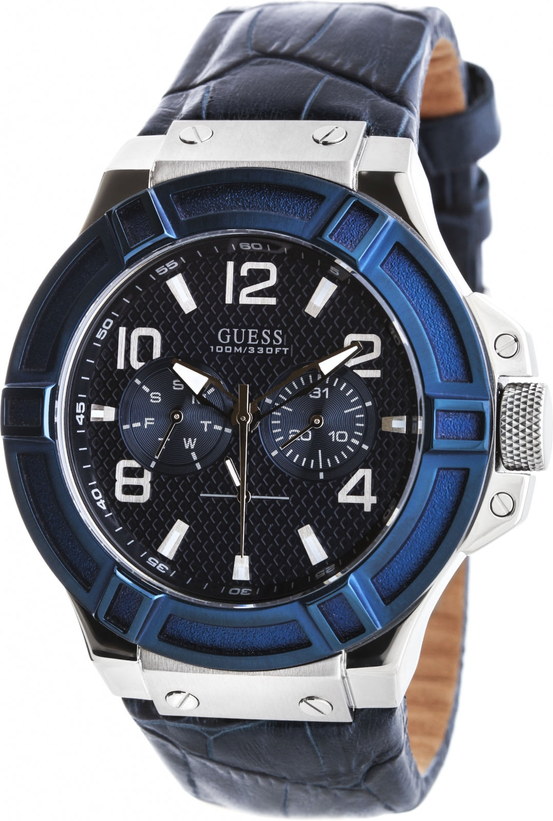 Guess Rigor Multifunction Chronograph Blue Dial Blue Leather Strap Watch For Men - W0040G7