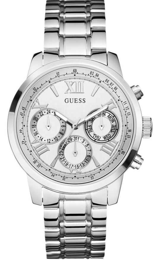 Guess Sunrise Multifunction Quartz White Dial Silver Steel Strap Watch For Women - W0330L3