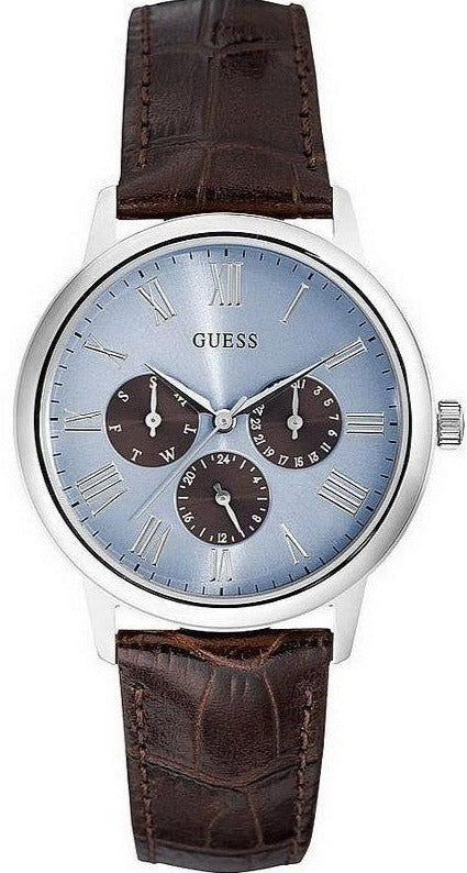 Guess Wafer Analog Blue Dial Brown Leather Strap Watch For Men - W0496G2