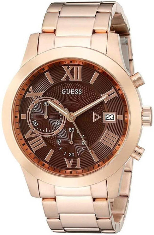 Guess Iconic Signature Brown Dial Rose Gold Steel Strap Watch For Men - W0668G1