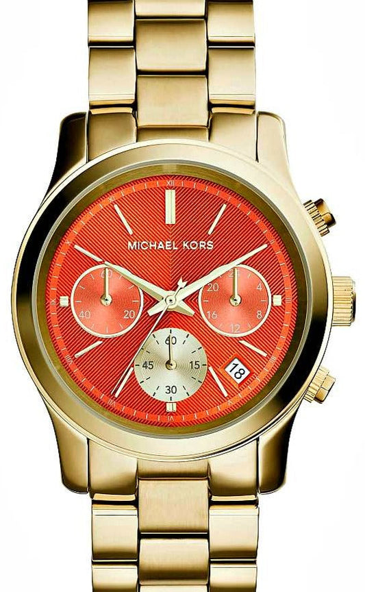 Michael Kors Runway Chronograph Orange Dial Gold Steep Strap Watch For Women - MK6162