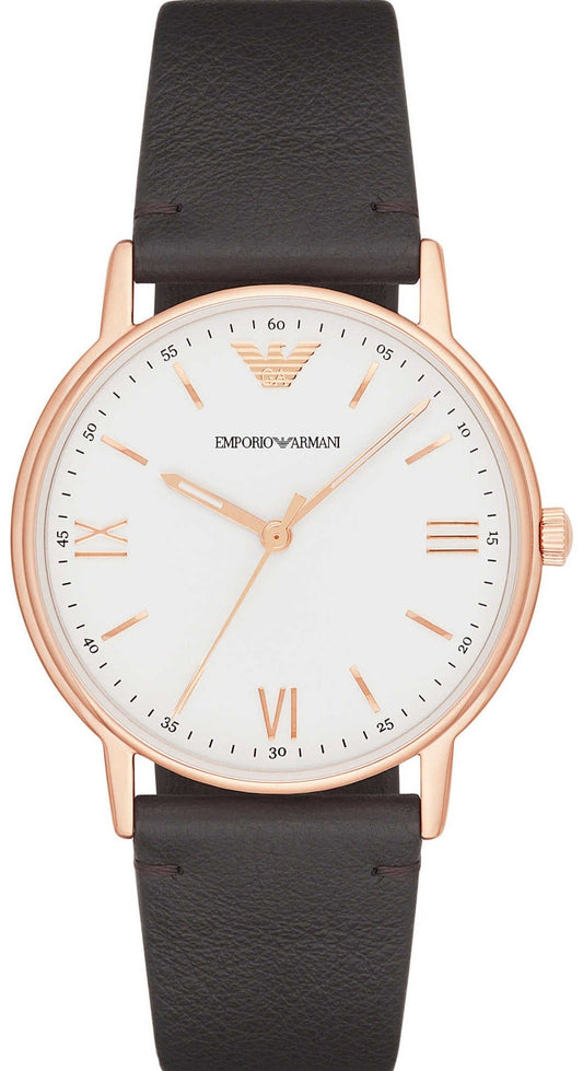 Emporio Armani Dress Quartz White Dial Brown Leather Strap Watch For Men - AR11011