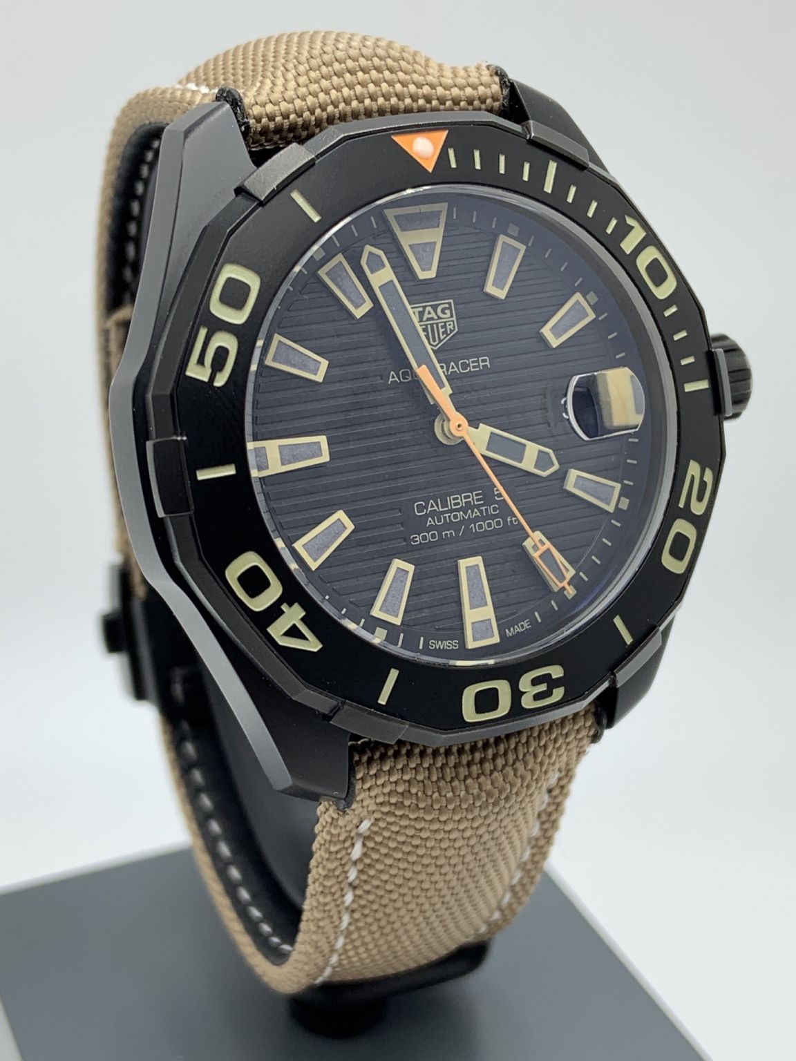 Tag Heuer Aquaracer 300 Calibre 5 Automatic Black Dial Brown Fabric Strap Watch for Men - WAY208C.FC6383