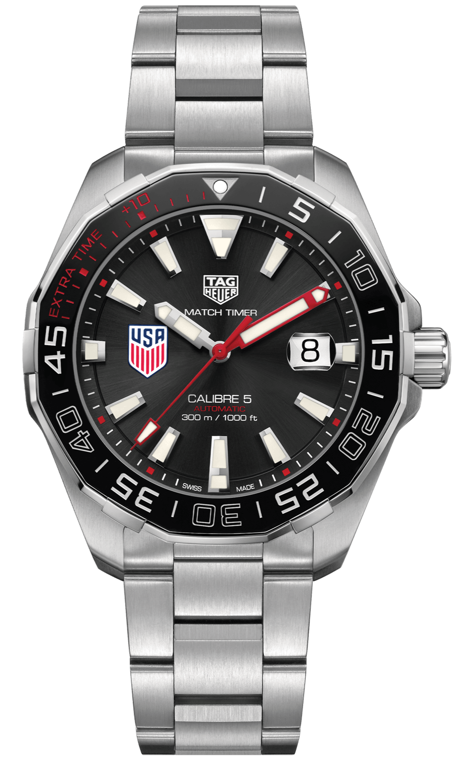 Tag Heuer Aquaracer Automatic Match Timer Black Dial Silver Steel Strap Watch for Men - WAY201G.BA0927