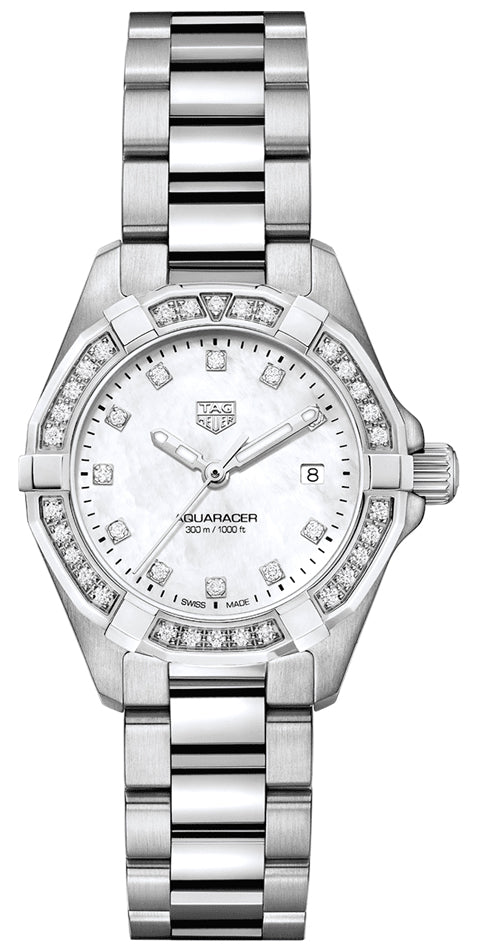 Tag Heuer Aquaracer Diamonds Mother of Pearl White Dial Silver Steel Strap Watch for Women - WBD1415.BA0741