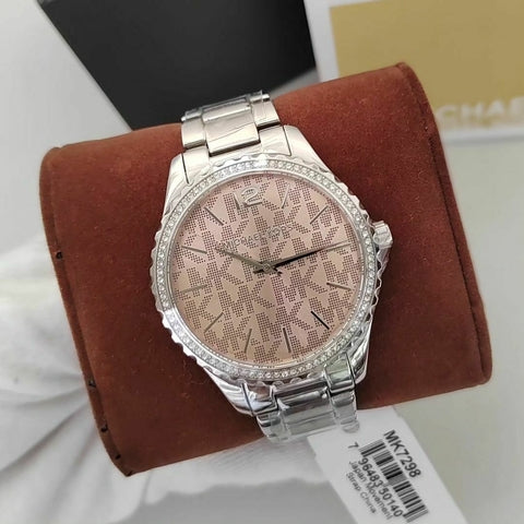 Michael Kors Layton Three Hand Pink Dial Silver Steel Strap Watch For Women - MK7298