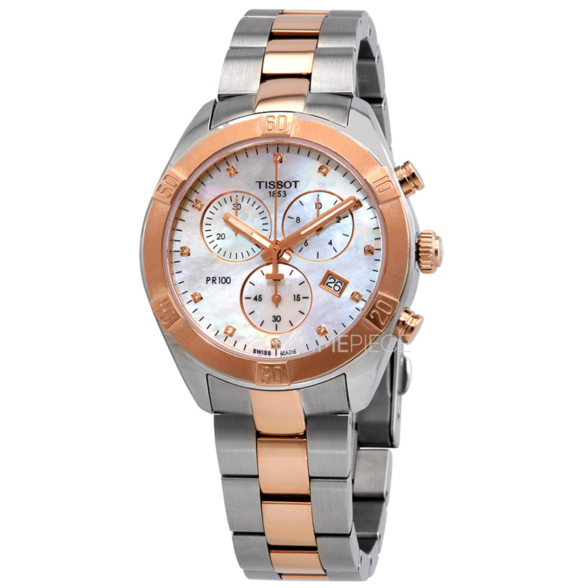 Tissot PR 100 Sport Chic Chronograph Diamonds Mother of Pearl Dial Two Tone Steel Strap Watch for Women - T101.917.22.116.00