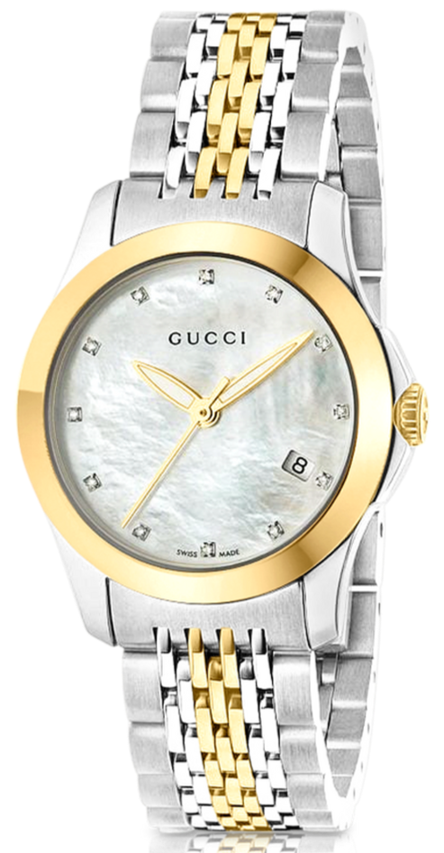 Gucci G Timeless Diamonds Mother of Pearl Dial Two Tone Mesh Bracelet Watch for Women - YA126513