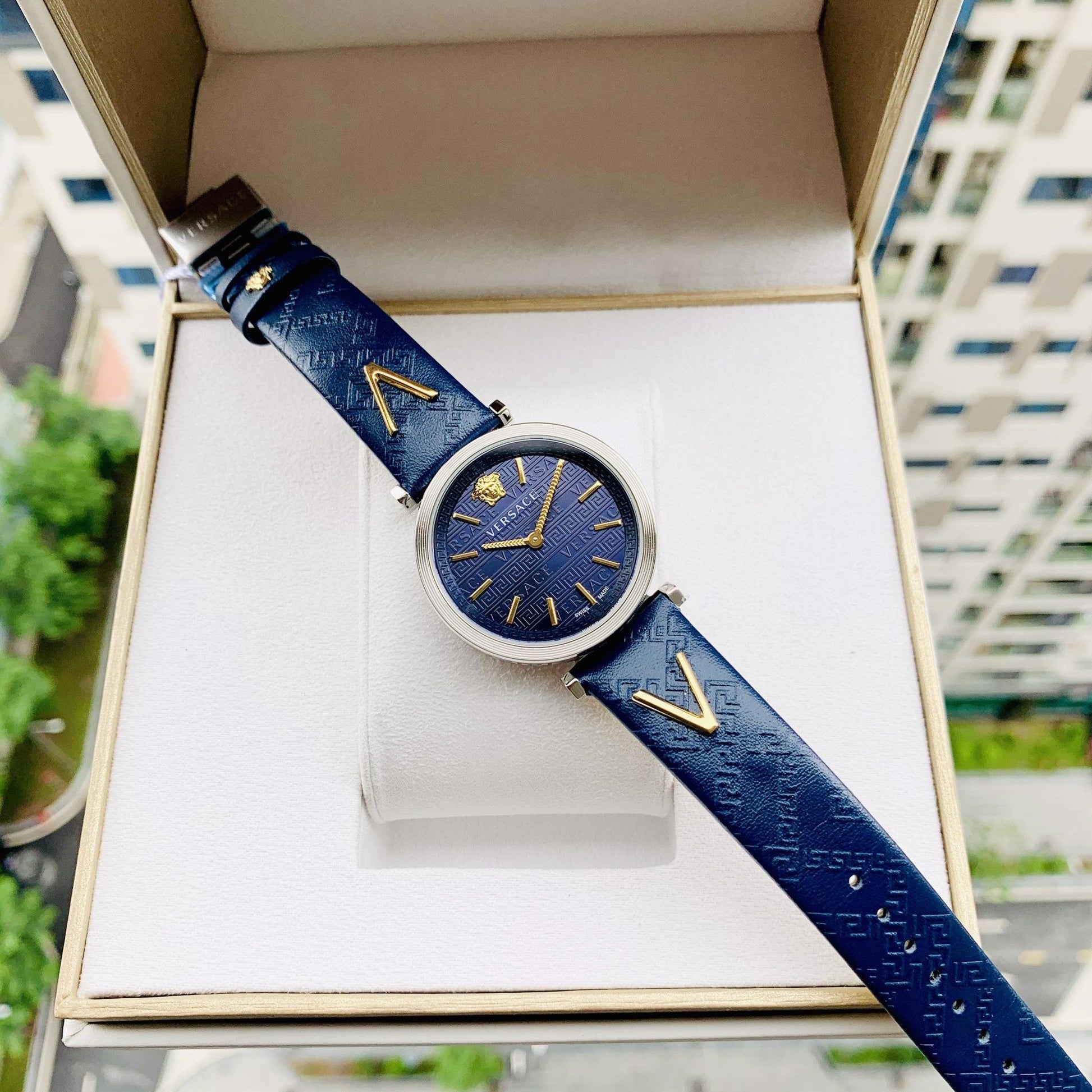 Versace V-Twist Quartz Blue Dial Blue Leather Strap Watch for Women - VELS00119
