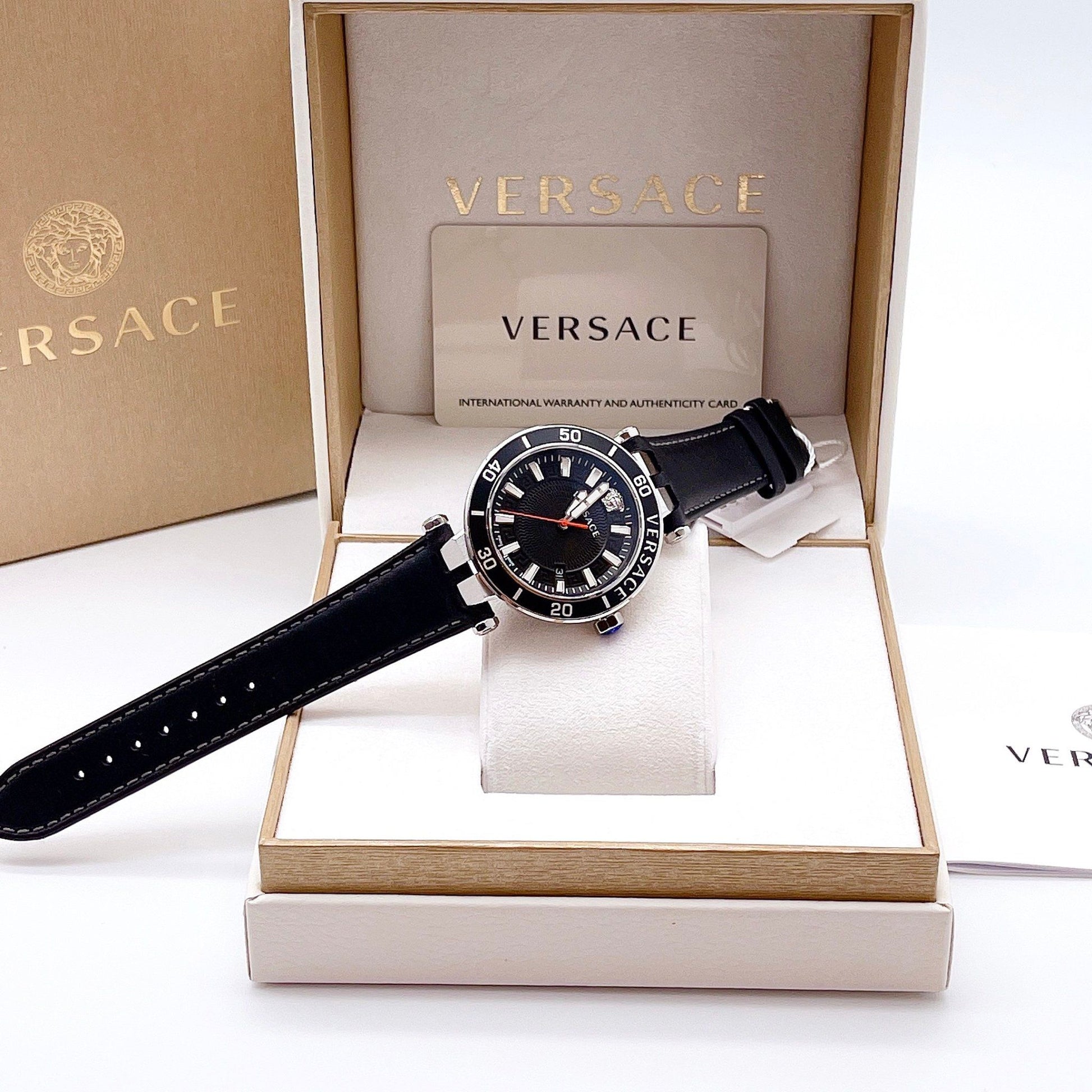 Versace Greca Sport Quartz Black Dial Black Leather Strap Watch For Men - VEZ300221