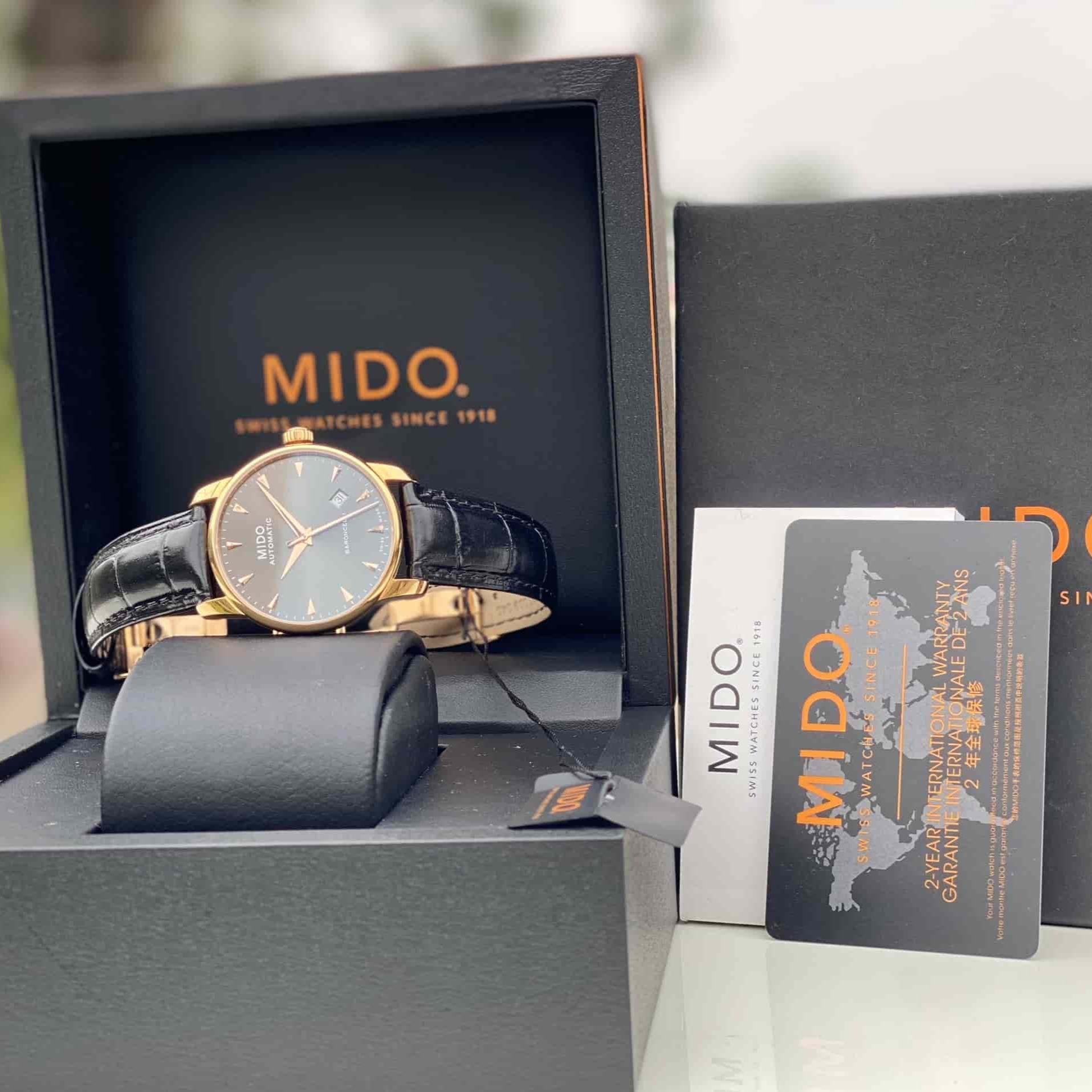 Mido Baroncelli III Automatic Grey Dial Black Leather Strap Watch For Men - M8600.3.13.4