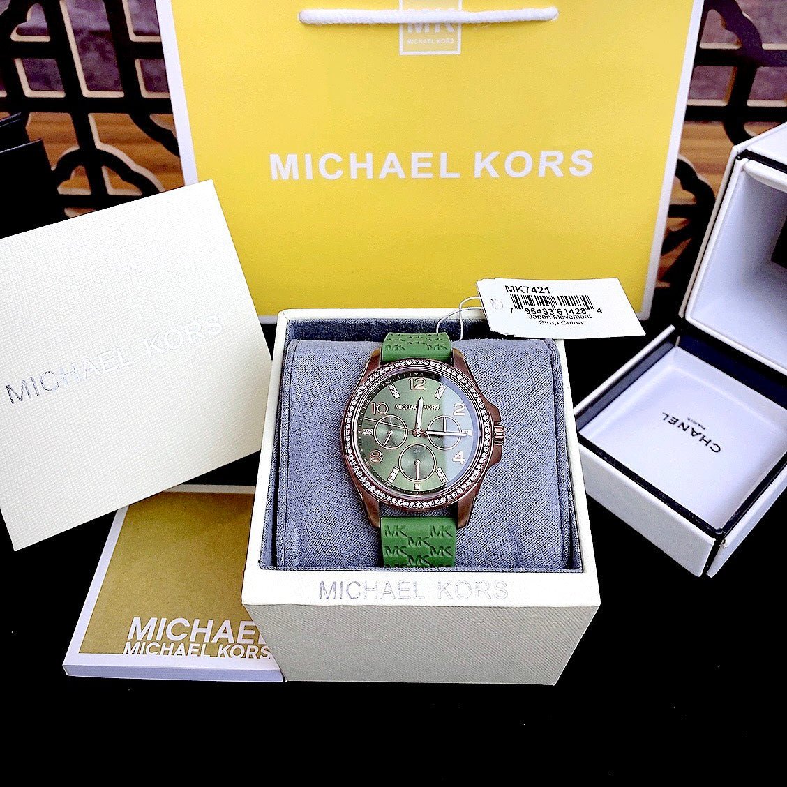 Michael Kors Mini Pilot Chronograph Green Dial Green Silicone Strap Watch For Women - MK7421