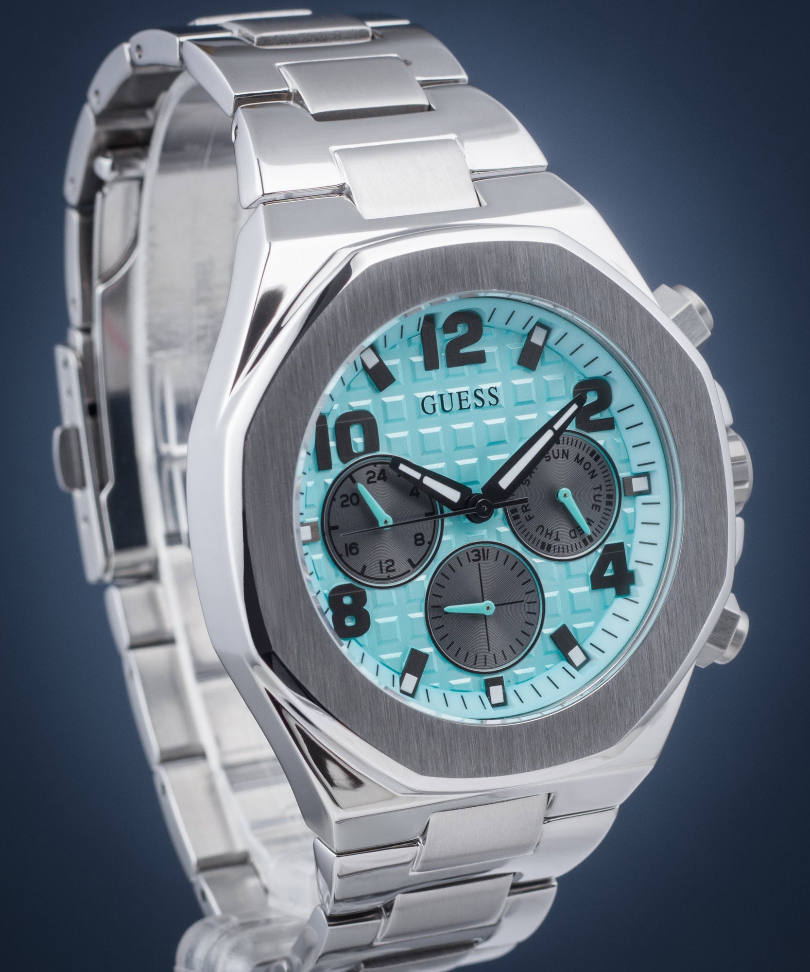 Guess Empire Chronograph Quartz Sky Blue Dial Silver Steel Strap Watch For Men - GW0489G3