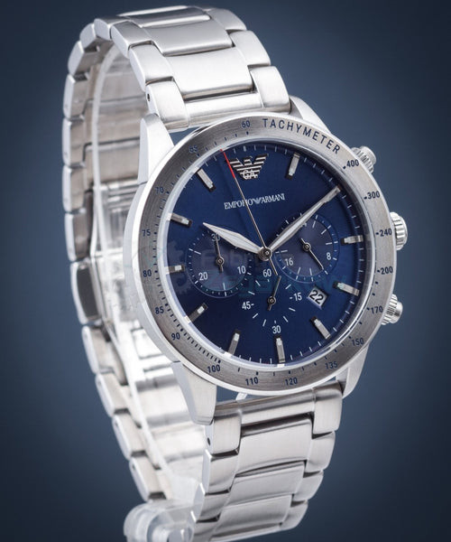 Emporio Armani Mario Chronograph Blue Dial Silver Steel Strap Watch For Men - AR11306