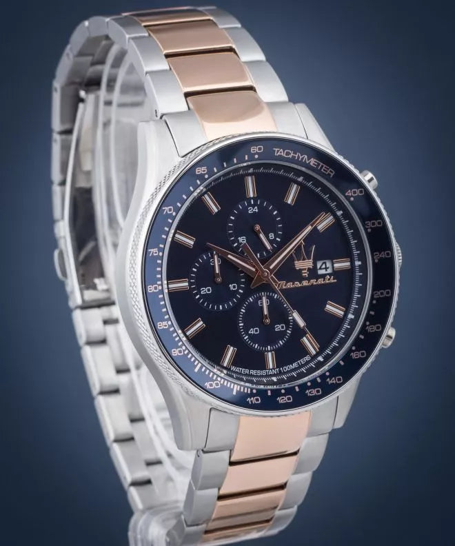 Maserati SFIDA Chronograph Blue Dial Two Tone Steel Strap Watch For Men - R8873640012