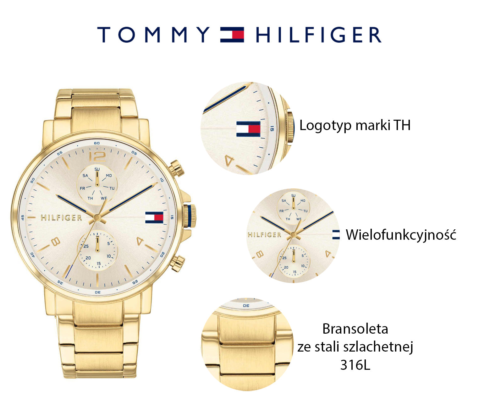 Tommy Hilfiger Daniel White Dial Gold Steel Strap Watch for Men - 1710415