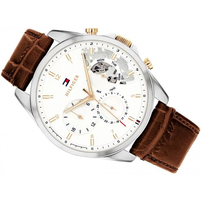 Tommy Hilfiger Baker Chronograph White Dial Brown Leather Strap Watch For Men - 1710450