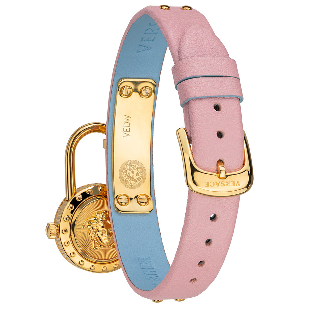 Versace Medusa Lock Icon Quartz Gold Dial Pink & Blue Leather Strap Watch For Women - VEDW00219