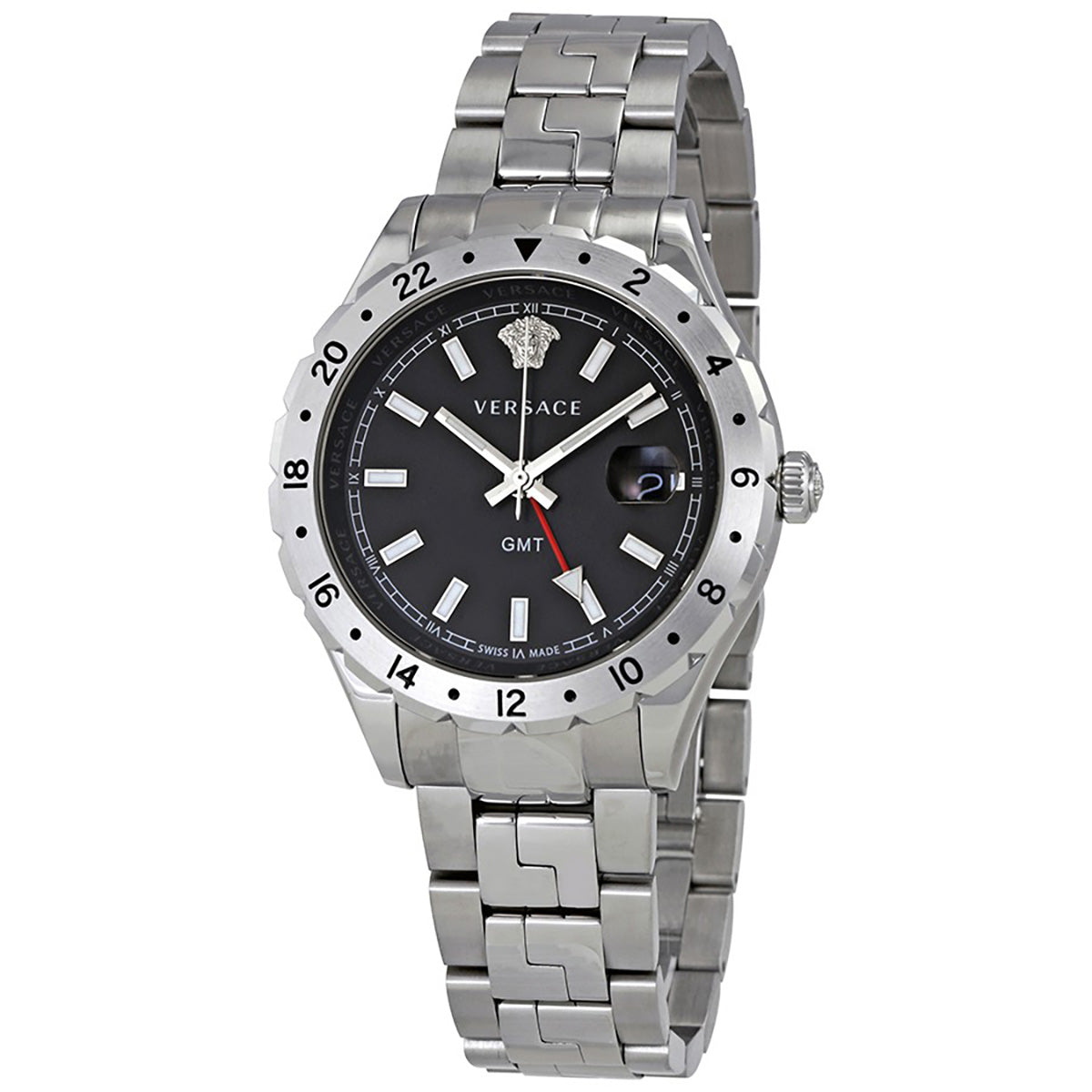 Versace Hellenyium GMT Black Dial Silver Steel Strap Watch for Men - V11020015