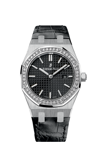 Audemars Piguet Royal Oak Quartz Diamonds Black Dial Black Leather Strap Watch for Women - 67621ST.ZZ.D002CR.01