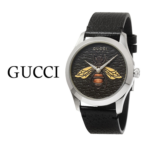 Gucci G Timeless Bee Motif Black Dial Black Leather Strap Watch For Women - YA1264067