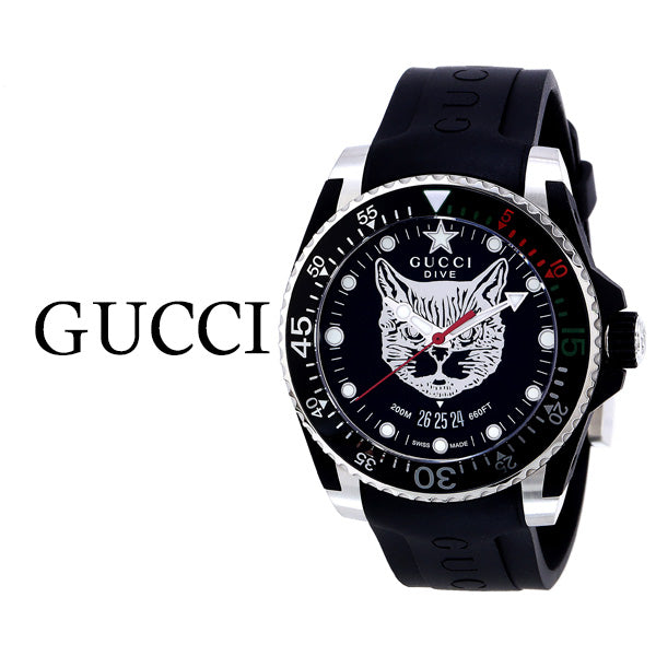 Gucci Dive Feline Quartz Black Dial Black Rubber Strap Watch For Men - YA136320